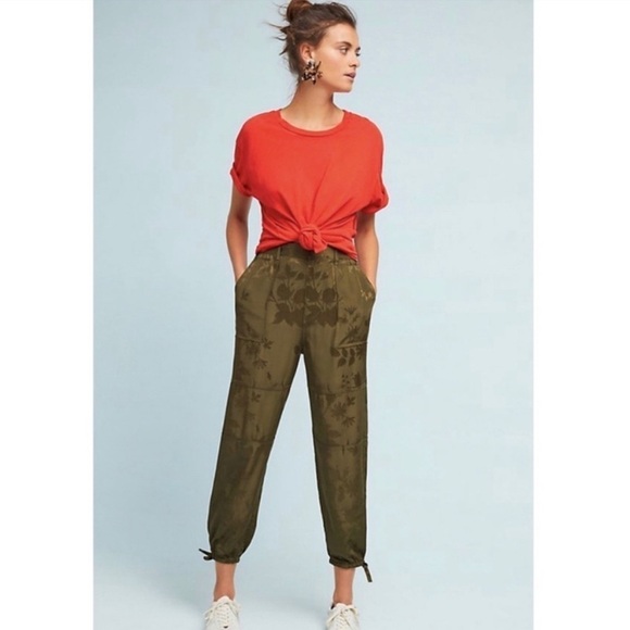 Anthropologie Boho Green Floral Jacquard Utility Trouser Jogger Pants Size XS - Picture 1 of 16